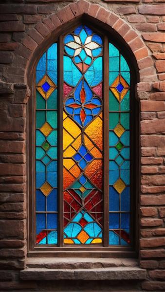 طرح پنجره گوتیک با دیوار آجری و شیشه‌های رنگی برای پوستر دیواری سه بعدی در ویلا و رستوران‌های سنتی