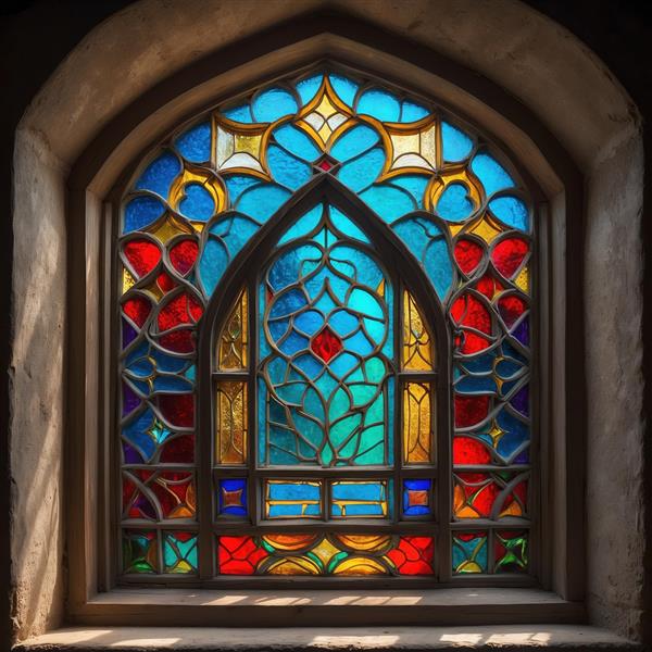 تصویر باکیفیت پنجره ارسی سنتی با شیشه‌های رنگارنگ برای چاپ روی تابلو بوم و پوستر دیواری اتاق کودک