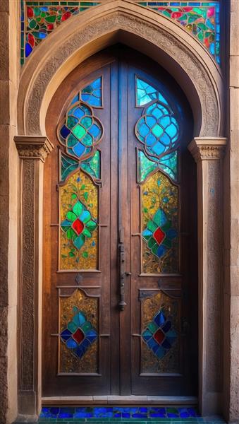 پوستر دیواری سنتی طرح درب چوبی قدیمی با شیشه‌های رنگی اسلیمی مناسب تزیین دیوار پذیرایی و لابی هتل