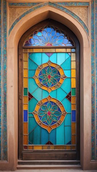 پوستر دیواری سه بعدی طرح درب تک لنگه با شیشه‌های فیروزه‌ای و نقوش ماندالا