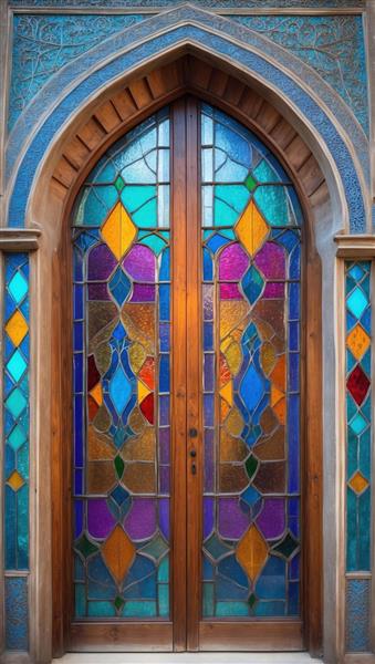 طرح درب بلند با شیشه‌های هندسی و رنگهای گرم مناسب پوستر دیواری ویلا و باغ تالار