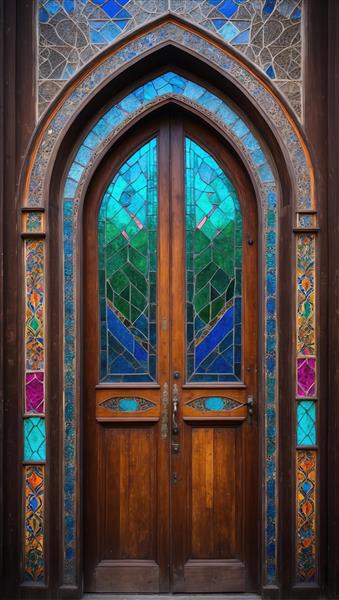 پوستر دیواری طرح درب چوبی تیره با کتیبه‌های شیشه‌ای رنگی ویژه اتاق مدیریت و دفتر کار