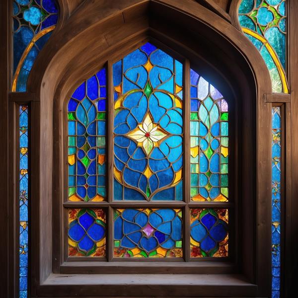 تصویر پنجره با نورهای خیره‌کننده و شیشه‌های طرح اسلیمی برای قاب‌های دکوراتیو و دیوارپوش