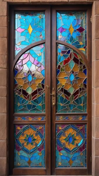 پوستر دیواری دو لنگه درب سنتی با نقش خورشید و شیشه‌های لاجوردی برای سالن پذیرایی