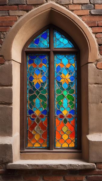 طرح عمودی پنجره چوبی با گلهای شیشه‌ای رنگی مناسب پوستر دیواری اتاق خواب دخترانه