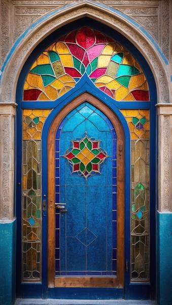 تصویر درب تک لنگه آبی با شیشه خورشیدی برای چاپ روی پرده و پوستر دیواری خانه‌های بوم‌گردی