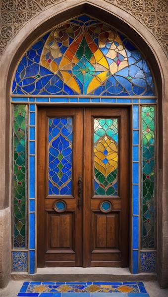 پوستر دیواری ورودی باشکوه با طاق مقرنس و شیشه‌های آبی ویژه سالن‌های تشریفات و هتل