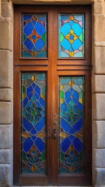 تصویر درب عمودی با شیشه‌های آبی و لاجوردی مناسب برای پوستر دیواری راهرو و ورودی آپارتمان