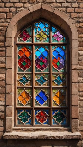 پوستر دیواری طرح پنجره ارسی با شیشه‌های رنگی و نمای آجری برای دکوراسیون رستوران سنتی و سفره خانه