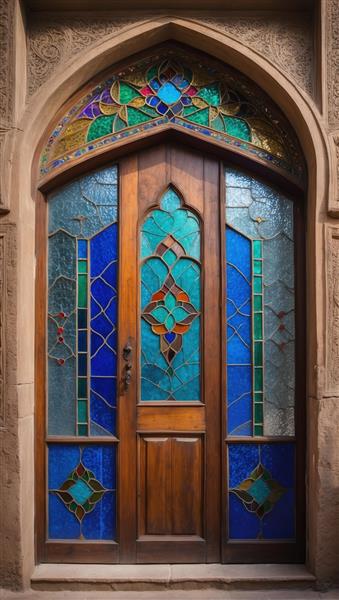 تصویر باکیفیت درب قدیمی با طاق ضربی و شیشه رنگی برای پوستر دیواری سه بعدی و پرده چاپی اتاق خواب