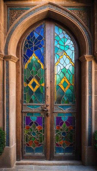 پوستر دیواری لوکس طرح درب مسجد با شیشه‌های مشبک رنگی ایده آل برای دکوراسیون سالن کنفرانس و دفتر کار