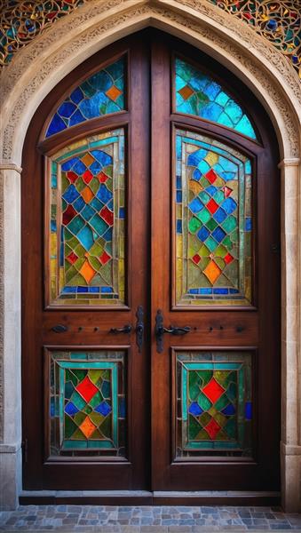 درب چوبی سنتی با شیشه‌های رنگی اسلیمی مناسب پوستر دیواری سه بعدی لابی هتل و تالار پذیرایی