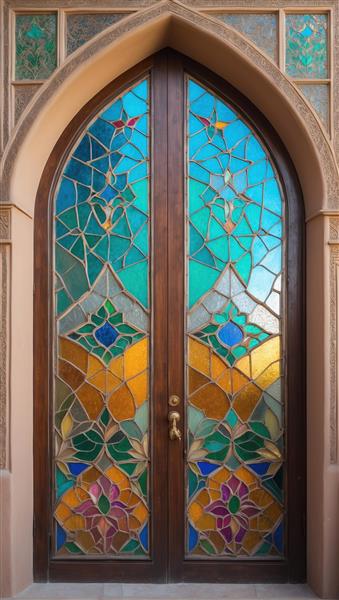 طرح در چوبی با شیشه‌های رنگی سنتی و گره چینی برای پوستر دیواری سه بعدی و دکوراسیون رستوران سنتی