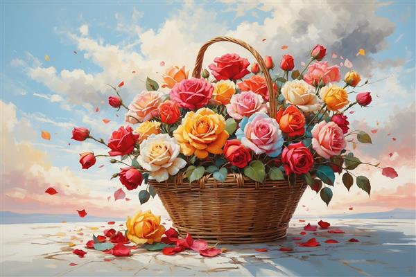 سبد گل رز در ساحل با آسمان ابری ویژه چاپ روی روتختی، کوسن و پوستر دیواری اتاق خواب دخترانه