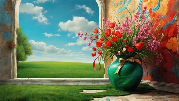 پوستر دیواری پنجره رو به طبیعت با گلدان سفالی و گل‌های بهاری مناسب تزیین دیوار پشت تختخواب و اتاق نشیمن