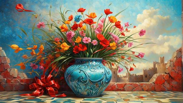 طرح نقاشی گلدان فیروزه‌ای و گل‌های صحرایی در پس‌زمینه دیوار قدیمی برای پوستر دیواری لوکس هتل و لابی