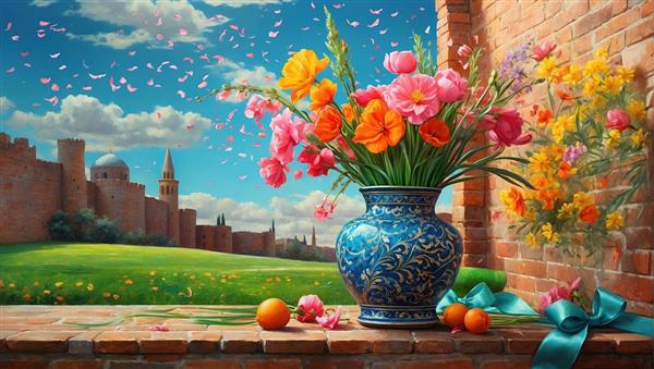 منظره قلعه تاریخی با گلدان گل‌های رنگارنگ ویژه چاپ پوستر دیواری سه بعدی و پرده چاپی تالار پذیرایی