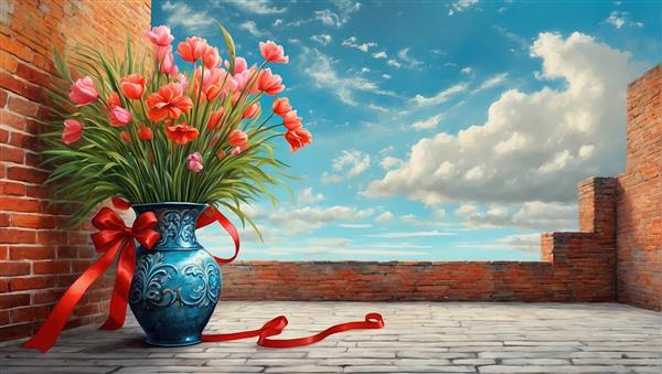 گلدان سنتی آبی با گل‌های شاداب در فضای تراس آجری مناسب برای پوستر دیواری پذیرایی و اتاق خواب