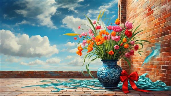 پوستر سه بعدی گلدان آبی با گل‌های بهاری و روبان قرمز در بالکن آجری مناسب برای آشپزخانه و رستوران