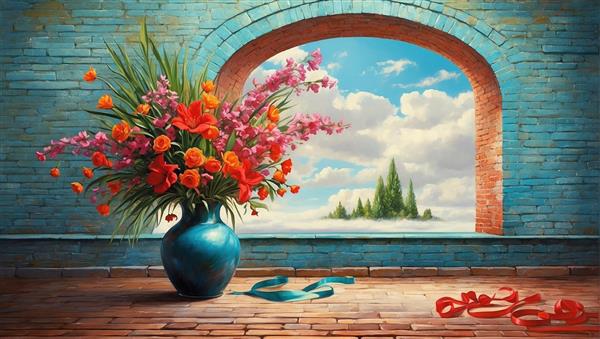 طرح پوستر دیواری فانتزی گلدان گل‌های وحشی در مقابل طاق فیروزه‌ای و منظره مه آلود کوهستان