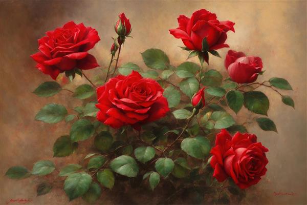 نقاشی رنگ روغن گل رز قرمز کلاسیک با برگ‌های سبز تیره مناسب برای روتختی، پرده چاپی و قاب دکوراتیو اتاق خواب