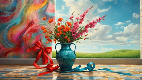 تابلوی نقاشی مدرن ترکیب گلدان کلاسیک با پس‌زمینه انتزاعی رنگارنگ برای پوستر دیواری سالن پذیرایی و مزون