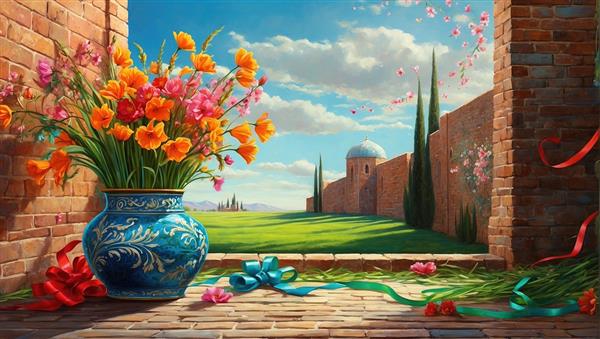 پوستر سه بعدی طرح گلدان اسلیمی با منظره بنای تاریخی و گنبد در باغ سرسبز برای دکوراسیون راهرو و دفتر کار