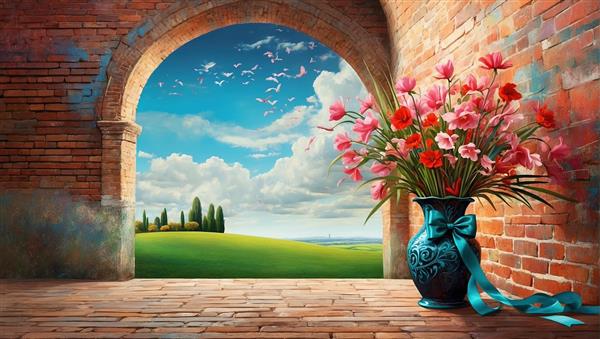 منظره تماشایی از دریچه طاق آجری با گلدان گل و پرندگان در حال پرواز مناسب پوستر دیواری اتاق نشیمن و پشت تختخواب