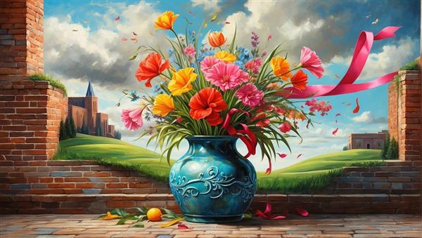 پوستر دیواری سه بعدی طرح گلدان آبی و گل‌های بهاری در منظره دشت سبز و عمارت قدیمی برای لابی هتل و ویلا
