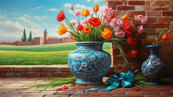 گلدان سفالی سنتی با گل‌های رنگارنگ و منظره قلعه قدیمی مناسب پوستر دیواری پذیرایی و اتاق خواب بزرگسال