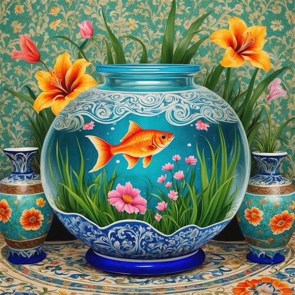 طرح هنری تنگ ماهی قرمز با نقوش اسلیمی و گل‌های نارنجی مناسب برای پوستر دیواری پشت تلویزیون و چاپ روی کوسن و رومیزی