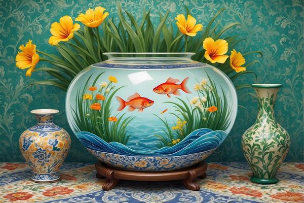 طرح دو ماهی قرمز در تنگ بیضی شکل با گل‌های لاله وحشی برای پوستر دیواری افقی اتاق مستر و چاپ روی شید و پارچه پرده‌ای