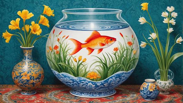 تصویر باکیفیت تنگ ماهی مینیمال و گل‌های زرد وحشی برای پوستر دیواری آشپزخانه، کافی‌شاپ و چاپ روی ماگ و بشقاب دیواری