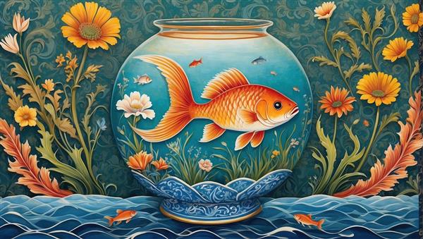 پوستر دیواری عریض با طرح تک ماهی قرمز بزرگ و موج‌های آبی هنری ویژه سالن‌های آرایش، جیم و فضاهای مدرن اداری