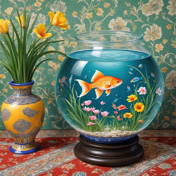 طرح نقاشی کلاسیک ماهی در تنگ آب و گلدان زرد بهاری مناسب پوستر دیواری پذیرایی و چاپ روی تابلو فرش و روتختی بزرگسال