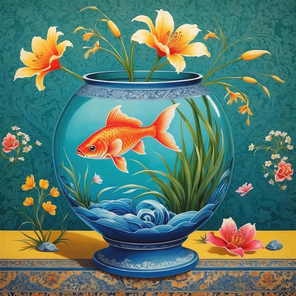 تصویر گرافیکی تنگ ماهی و گل‌های لیلیوم با ترکیب رنگ آبی و زرد برای پوستر دیواری اتاق خواب و چاپ روی ملحفه و کالای خواب