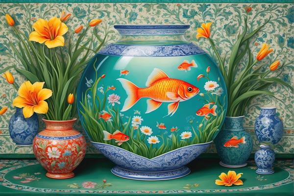 پوستر دیواری عریض طرح آکواریوم و گلدان‌های چینی آبی برای دیوار پشت میز پذیرش و چاپ روی پرده و شید رولی