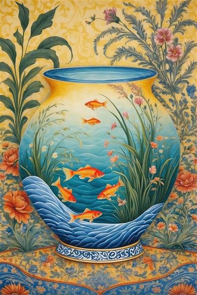 طرح هنری مینیمال ماهی و امواج آب در گلدان برای پوستر دیواری مدرن اتاق نشیمن و چاپ روی ماگ و محصولات دکوراتیو