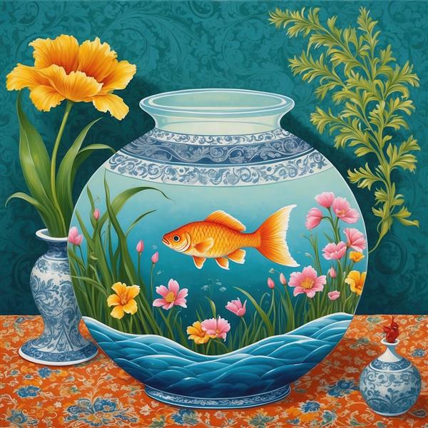 طرح نقاشی نوروز مدرن تنگ ماهی و گل‌های بهاری برای پوستر دیواری پشت تخت خواب و چاپ روی دفترچه و لوازم تحریر فانتزی