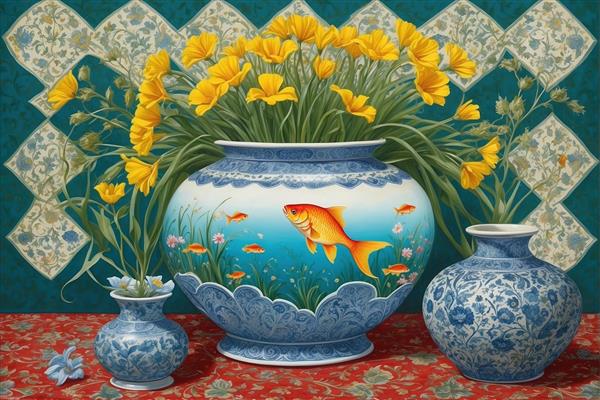 بنر و پوستر سه بعدی طرح تنگ ماهی با پس‌زمینه اسلیمی و سنتی مناسب نوروز