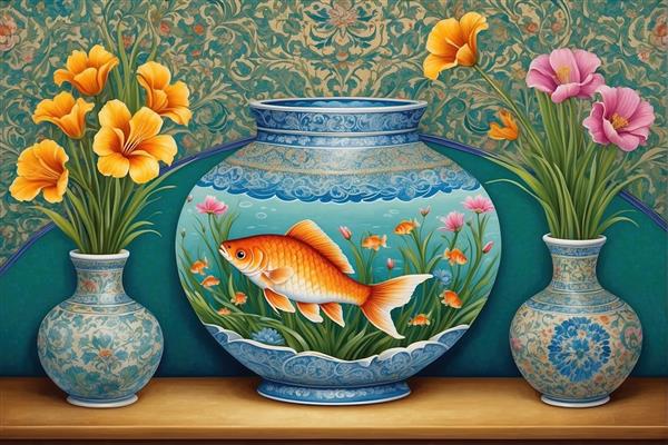 طرح سنتی و هنری ماهی قرمز در تنگ چینی برای دیوارپوش کافه و رستوران سنتی و نوروز