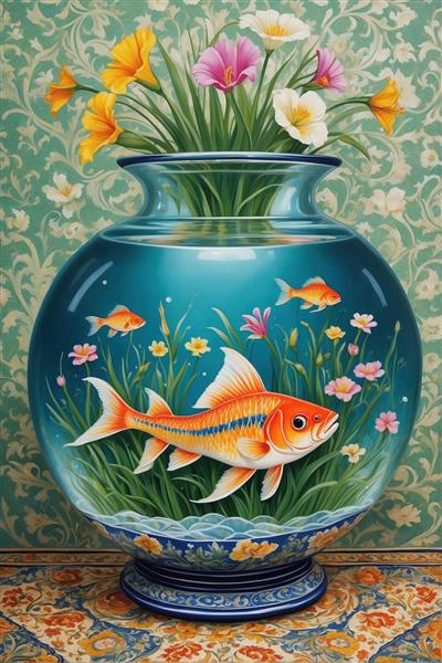 تصویر نوروز فانتزی تنگ ماهی بزرگ با گل‌های رنگارنگ برای پوستر سه بعدی اتاق کودک و مهدکودک و چاپ روی روتختی و کوسن