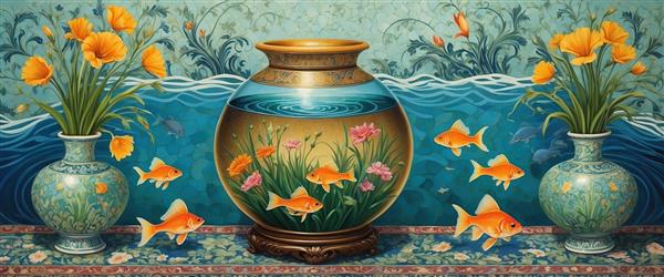 منظره نوروز رویایی ماهی‌های قرمز در آب و گلدان‌های گل برای پوستر دیواری پانوراما و عریض اتاق کنفرانس