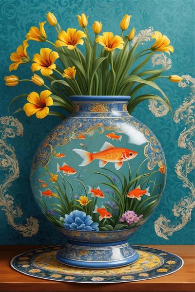 پوستر دیواری طرح سنتی تنگ ماهی بلور و گل‌های زرد زنبق مناسب فضای رستوران سنتی و هتل