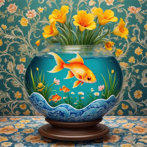 طرح نوروز فانتزی تنگ ماهی و گل‌های بهاری بر روی میز برای پوستر دیواری مهدکودک و دکوراسیون اتاق کودک