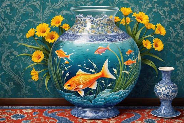 تصویر گرافیکی نوروز ماهی قرمز در تنگ و گلدان‌های آبی برای چاپ پوستر دیواری عمودی و قاب عکس دکوراتیو