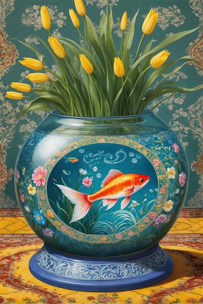 نقاشی تنگ ماهی با حاشیه اسلیمی و گلدان لاله زرد ویژه چاپ پوستر دیواری لوکس و کاغذ دیواری سه بعدی