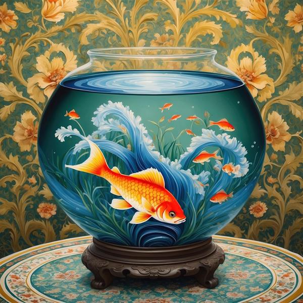 پوستر دیواری هنری نوروز با طرح موج و ماهی قرمز در تنگ بلورین