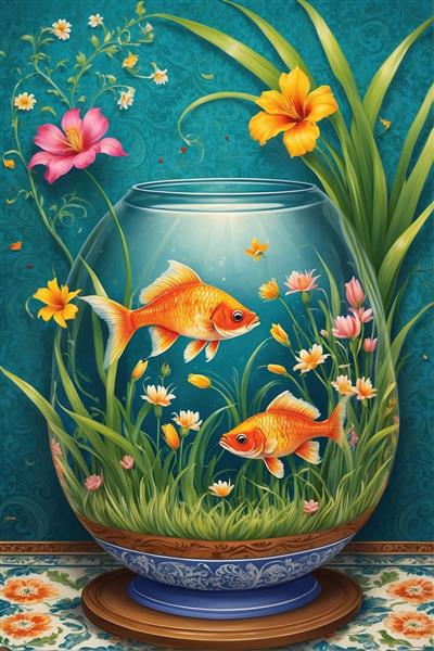 تصویر فانتزی ماهی گلی در تنگ بزرگ پر از شکوفه برای چاپ پوستر نوروز