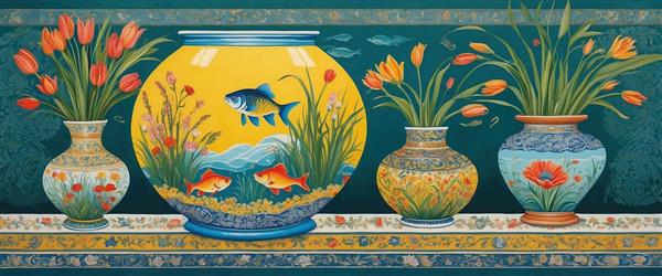 طرح عریض پوستر دیواری سه بعدی با نقاشی تنگ ماهی زرد و گل‌های لاله سرخ برای نوروز